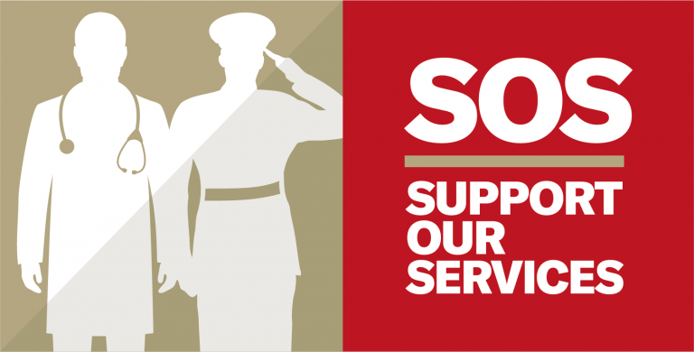Silhouettes of a doctor and a saluting Veteran next to bold text reading "SOS Support Our Services" on a red background.