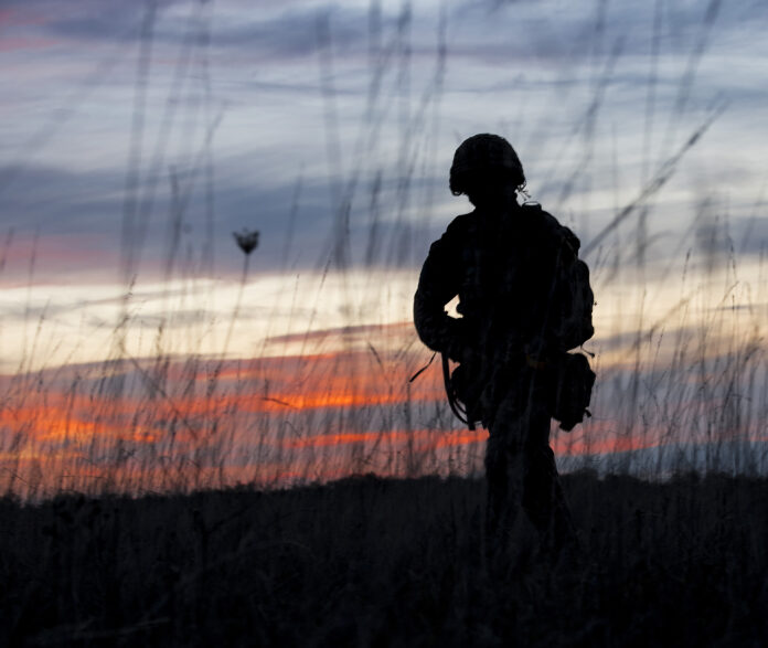 Silhouette of a Royal Navy pathfinder standing in tall grass at dusk, with a colorful sunset sky in the background.