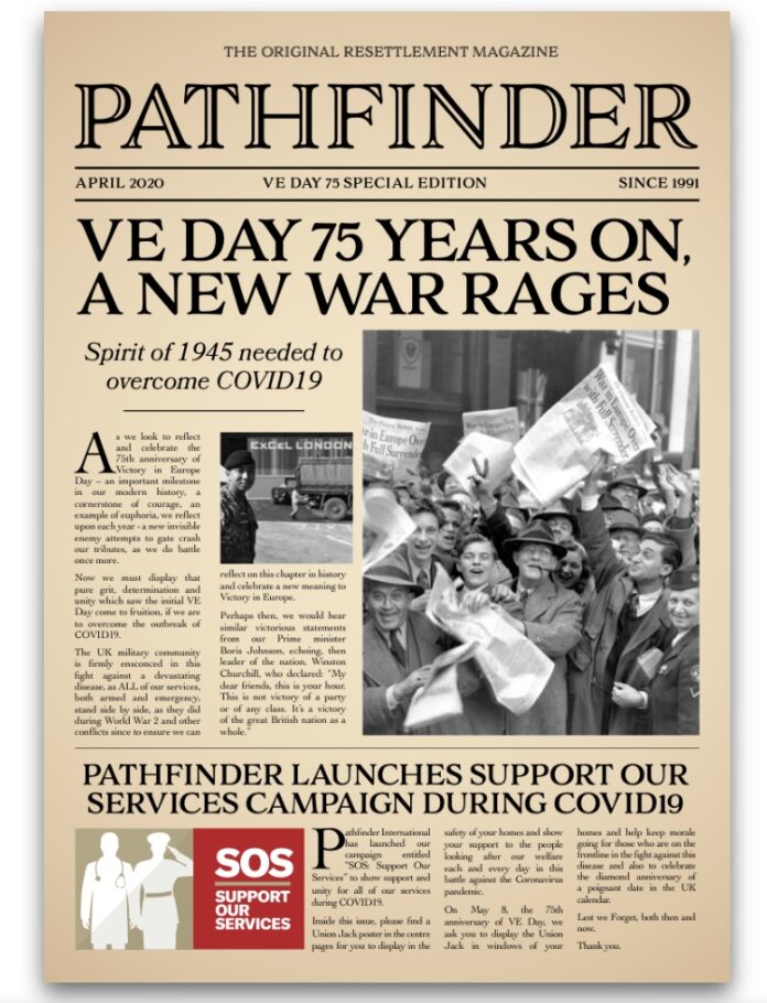 Front page of Pathfinder magazine featuring VE Day 75th anniversary, COVID-19 coverage, and a photo of Military personnel and civilians celebrating VE Day with flags and raised arms.