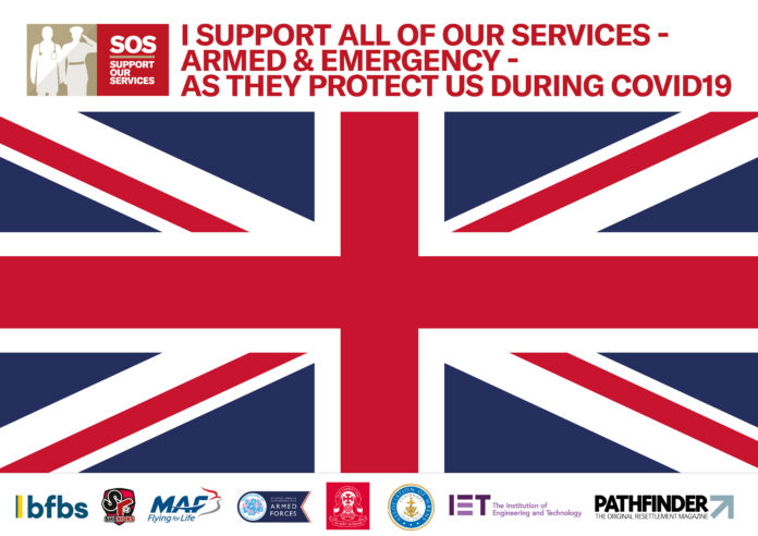 A banner with the UK flag and a message supporting armed and emergency services, including Royal Navy personnel and veterans during COVID-19, featuring various organizational logos at the bottom.