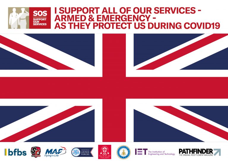 A banner with the UK flag and a message supporting armed and emergency services, including Royal Navy personnel and veterans during COVID-19, featuring various organizational logos at the bottom.