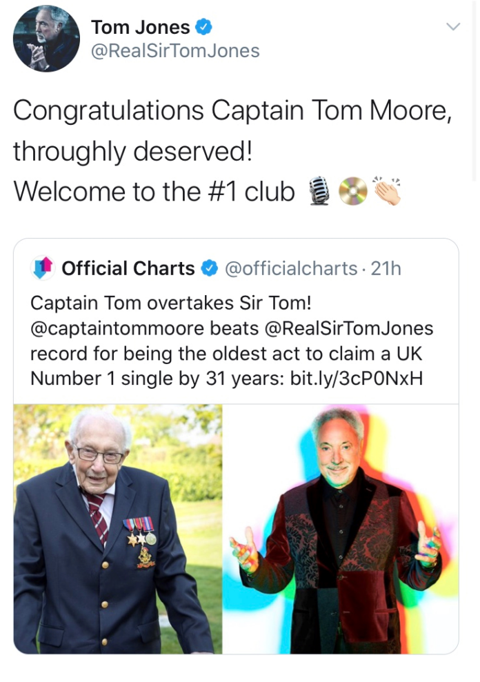Tweet by Tom Jones congratulating Army veteran Captain Tom Moore for becoming the oldest artist to top the UK singles chart, with images of both men included.