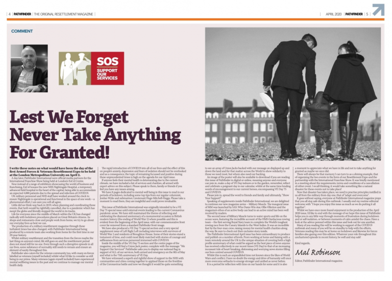 Magazine spread with an editorial titled "Lest We Forget Never Take Anything For Granted!" featuring a Veteran family walking on a rocky beach and a small photo of a man with the SOS Support Services logo.