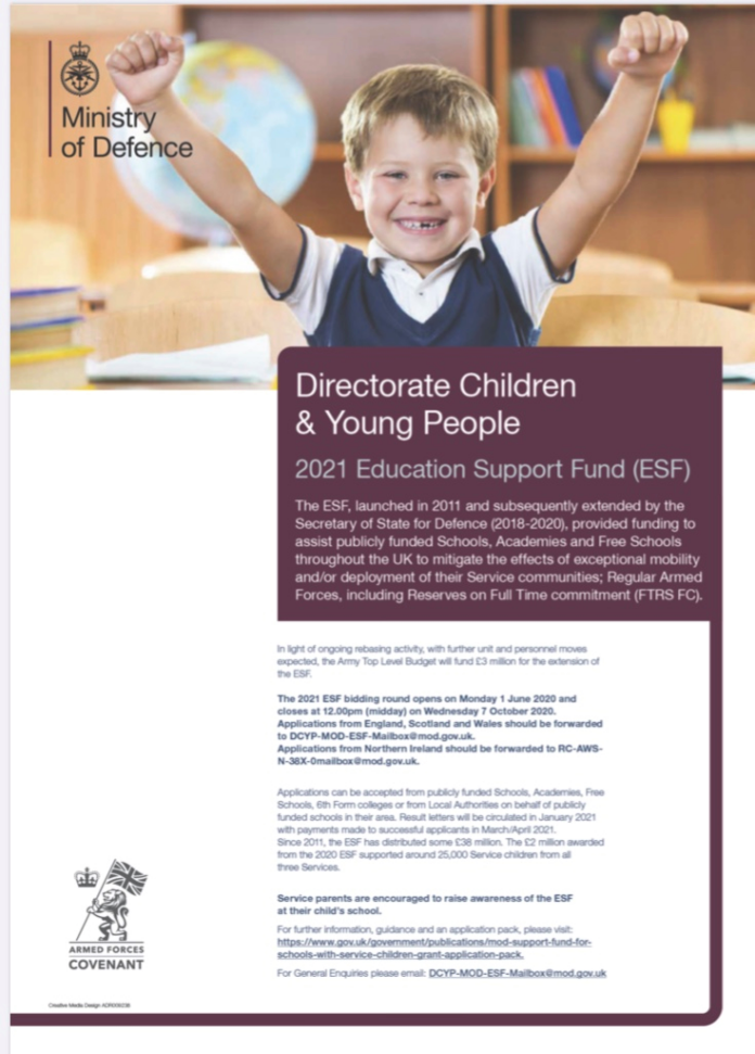 A Ministry of Defence poster about the 2021 Education Support Fund for schools supporting children from Service families, including those in the Royal Navy, with contact details and an Armed Forces Covenant logo.