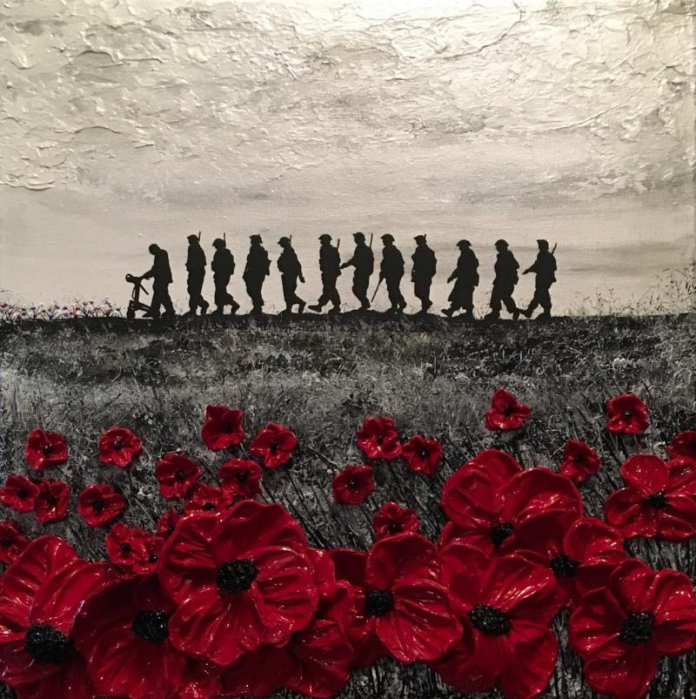 Silhouetted army soldiers march in a line under a cloudy sky, with vibrant red poppies in the foreground of a textured black and white landscape.