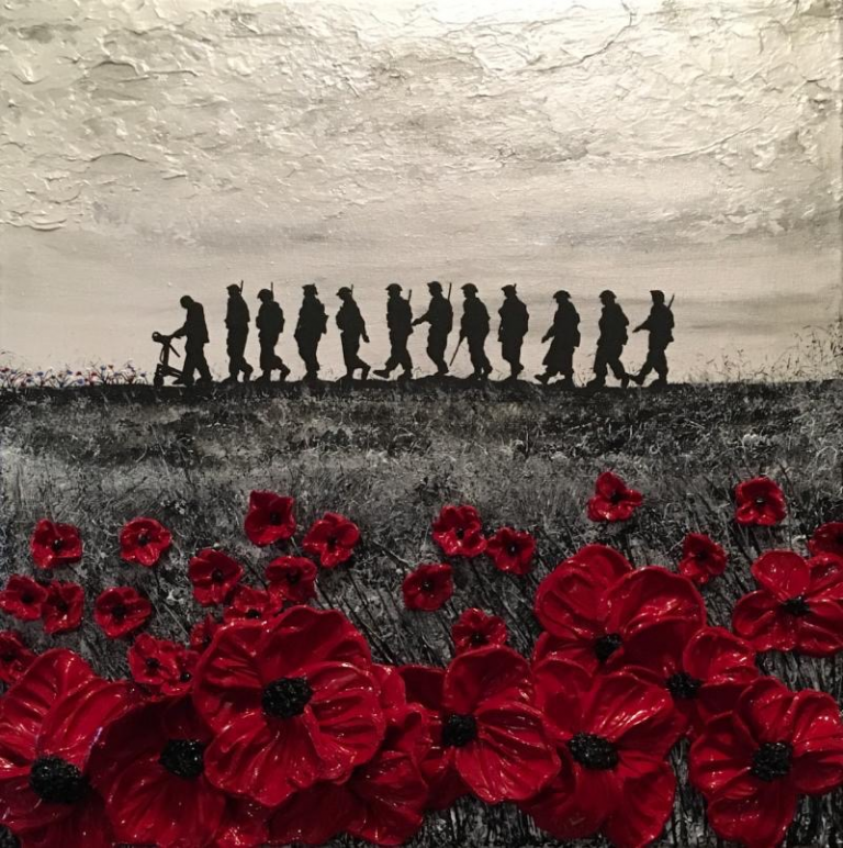 Silhouetted army soldiers march in a line under a cloudy sky, with vibrant red poppies in the foreground of a textured black and white landscape.