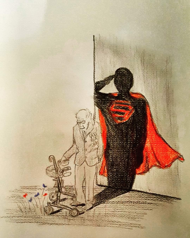 An elderly military veteran with a walker casts a shadow resembling Superman, complete with cape and emblem, against a wall.