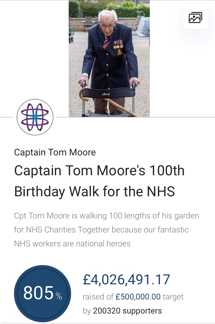 Captain Tom’s Fundraising Page Now Tops Over Four Million Pounds!