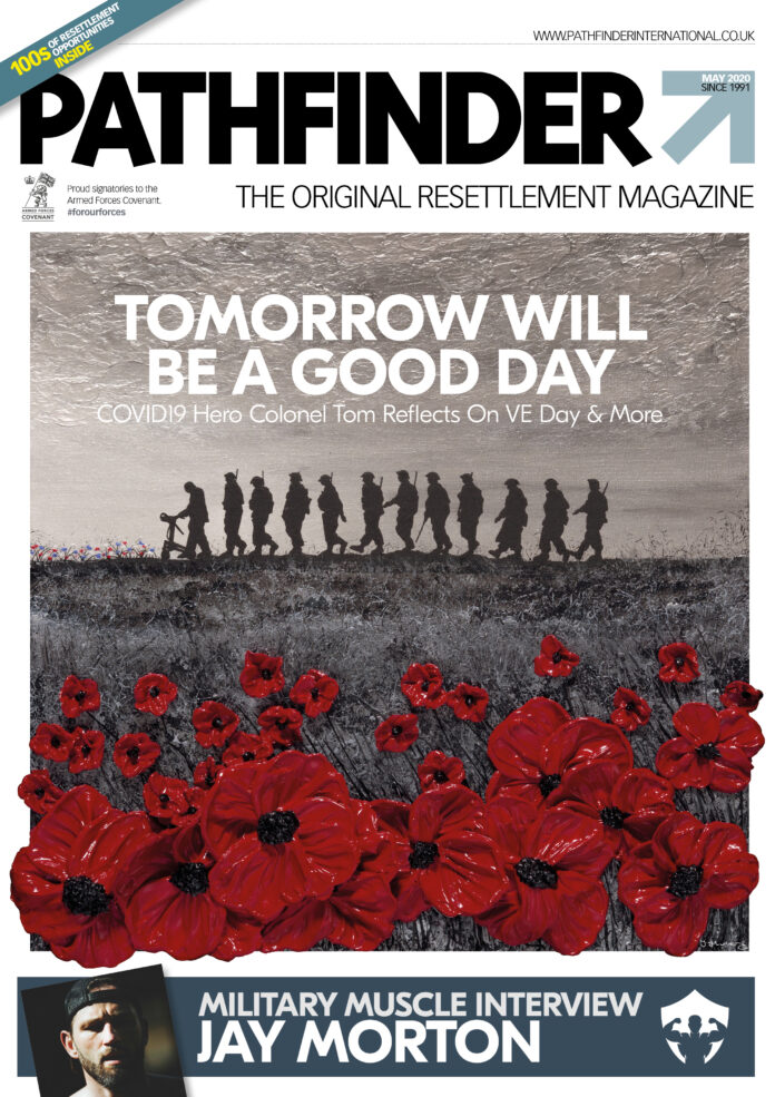 Cover of Pathfinder magazine featuring silhouettes of Army soldiers walking above large red poppies, with the headline 