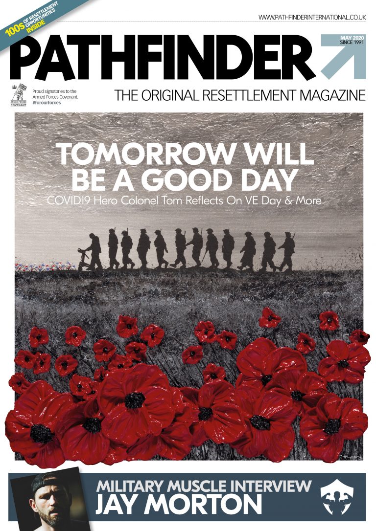 Cover of Pathfinder magazine featuring silhouettes of Army soldiers walking above large red poppies, with the headline "Tomorrow will be a good day" and a feature on Colonel Tom, VE Day, and resettlement stories.