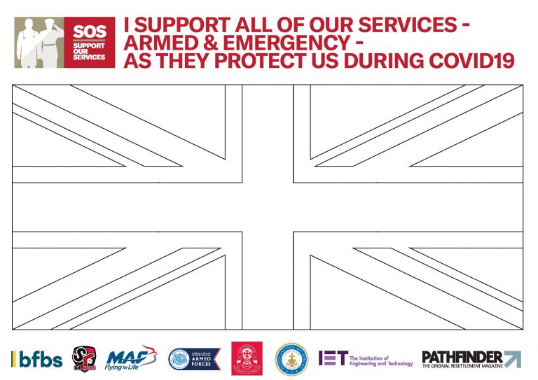 Outline of the Union Jack flag with Military and Royal Navy logos below, plus a message supporting armed and emergency services during COVID-19 at the top.