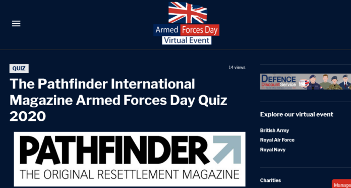 Screenshot of the Pathfinder International Magazine Armed Forces Day Quiz 2020 webpage, featuring logos, event details, and navigation links on a dark background focused on Army resettlement and military news.