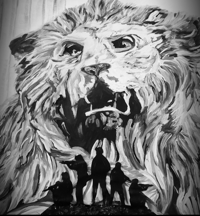 Black and white mural of a roaring lion's face with five silhouetted people, resembling Royal Navy veterans, standing and crouching in front of it.