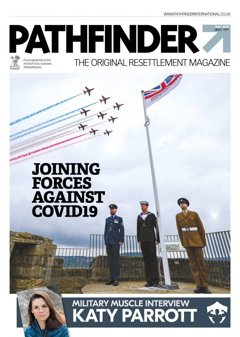 Three uniformed military personnel stand by a flagpole as red, white, and blue smoke trails from planes fly overhead; magazine cover text highlights Royal Navy COVID-19 efforts and features Katy Parrott.