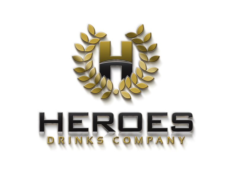 Logo for "Heroes Drinks Company" featuring a metallic gold and silver laurel wreath, inspired by Military honors, encircling the letter "H" above the company name in bold, reflective letters.