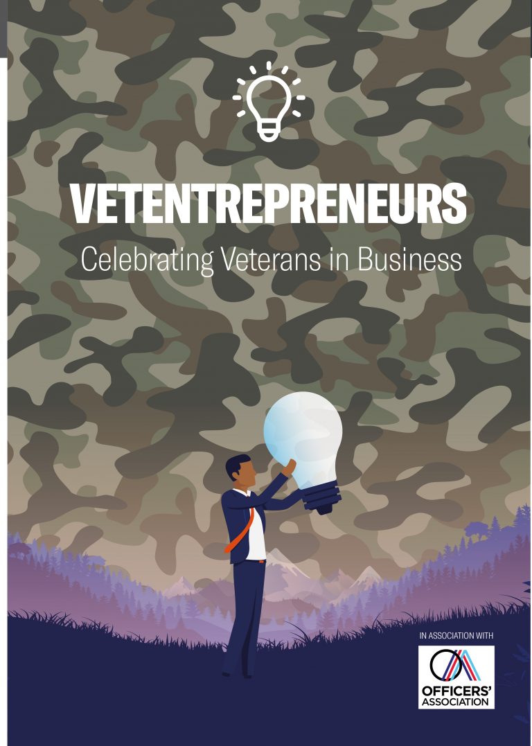 A person holds a large light bulb against a camouflage background with the text "Vetentrepreneurs: Celebrating Veteran Resettlement in Business." Officers' Association logo appears at the bottom.
