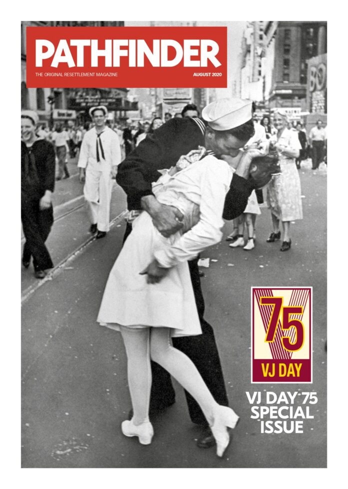 Black and white photo of a sailor kissing a nurse in Times Square, featured on the cover of Pathfinder magazine's VJ Day: 75 Special Issue, captures a defining moment in military history.