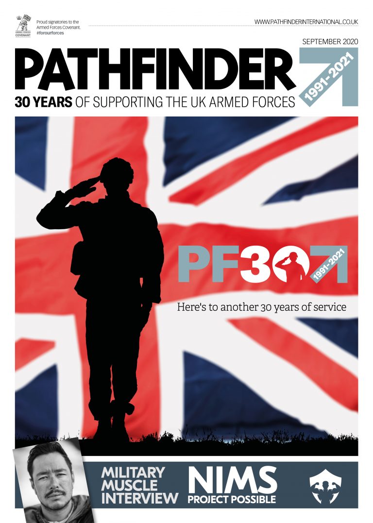 Silhouette of a saluting soldier in front of a large UK flag, with text highlighting 30 years of Pathfinder magazine supporting the Army and all UK armed forces.