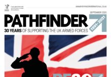 The September Issue Of Pathfinder International Magazine Is Out Now! Silhouette of a saluting soldier in front of a large UK flag, with text highlighting 30 years of Pathfinder magazine supporting the Army and all UK armed forces.