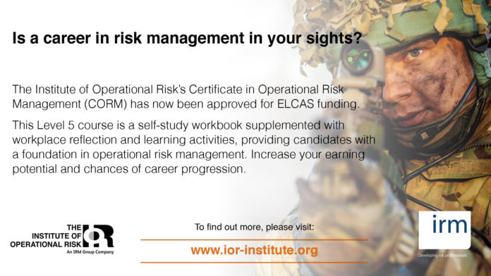 A soldier in camouflage gear stands beside text promoting the Institute of Operational Risk’s Certificate in Operational Risk Management (CORM), highlighting ELCAS funding—ideal for Veteran resettlement or Royal Navy personnel planning their next steps.