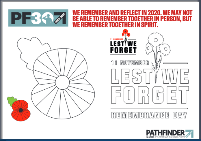 A Remembrance Day coloring sheet featuring poppy outlines, a small colored poppy, and the text 
