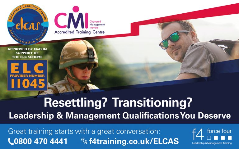 A promotional banner shows a soldier and a man in sunglasses, advertising leadership and management qualifications for those transitioning from Military service, including Royal Navy personnel.