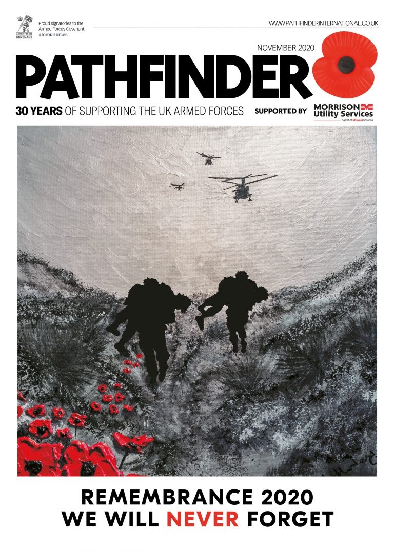 Two soldiers walk through a poppy field with helicopters overhead; red poppies stand out against a grayscale background. Text honors Remembrance 2020, UK armed forces, and every veteran who has served with pride.