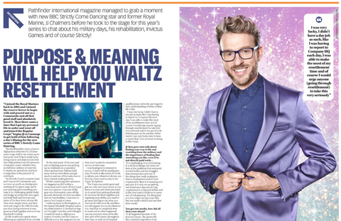A magazine spread features a headline about purpose and resettlement, with a suited man smiling on the right and a Royal Navy musician playing guitar on the left. Text columns fill the page.