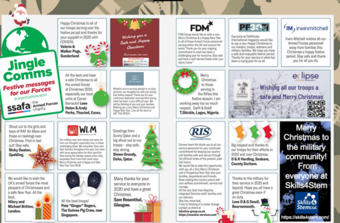 A collage of holiday messages and greetings for Military troops, featuring various logos, text boxes, and festive decorations such as stars and Christmas trees.