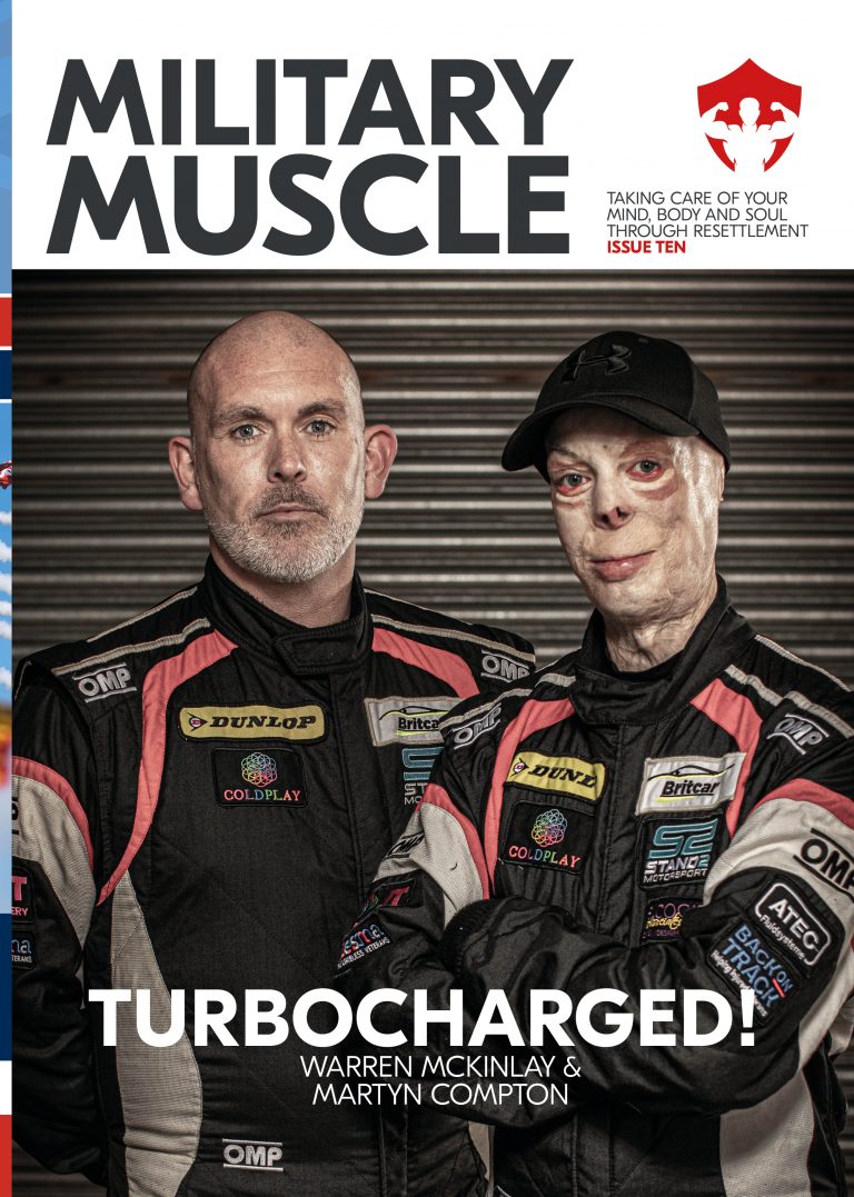Two men in racing suits stand side by side, one with visible facial scarring. The magazine cover reads "Military Muscle" and features the headline "Turbocharged!"—highlighting their Army resettlement journeys.