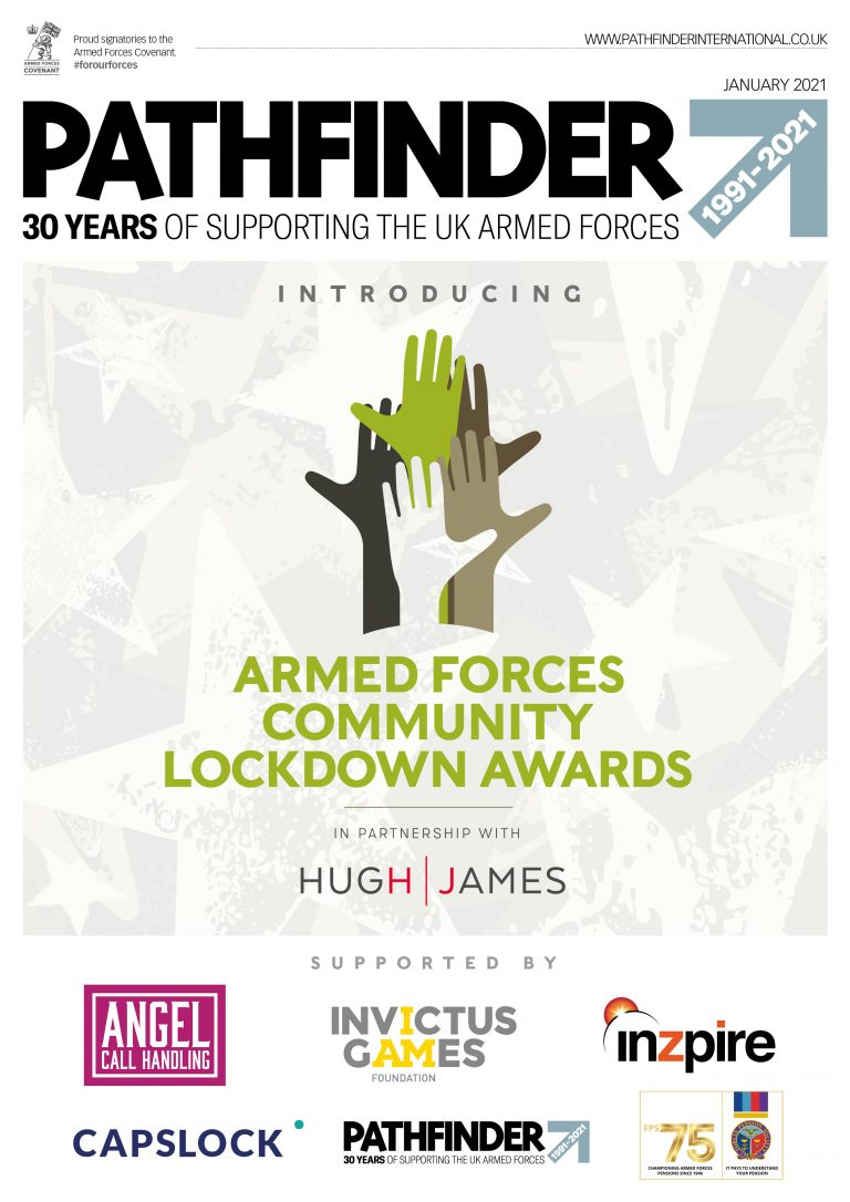Promotional poster for the Armed Forces Community Lockdown Awards, featuring multiple hands raised in support of military veterans, with Pathfinder and other sponsor logos at the bottom.