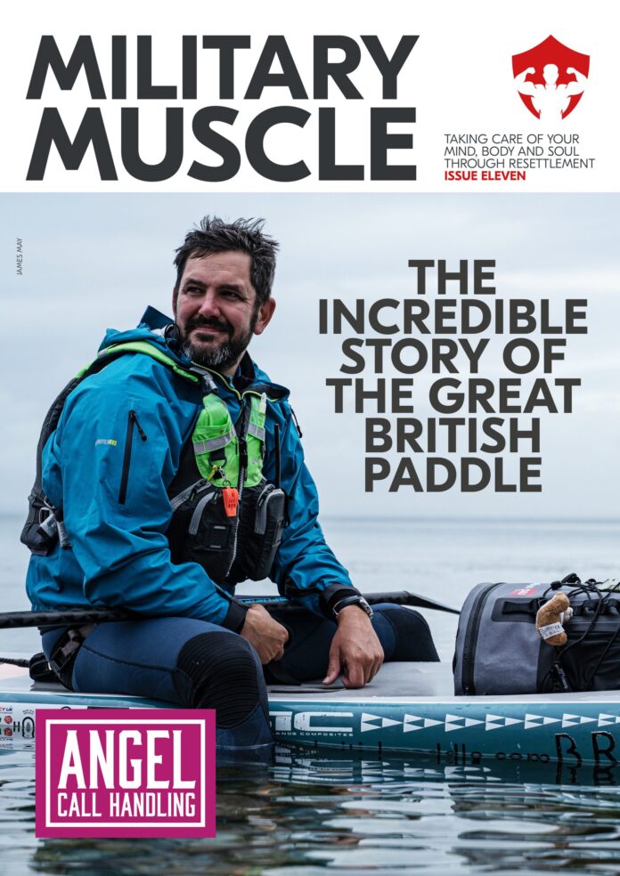 A man in outdoor gear, a Royal Navy veteran, sits on a paddleboard with supplies, featured on the cover of 