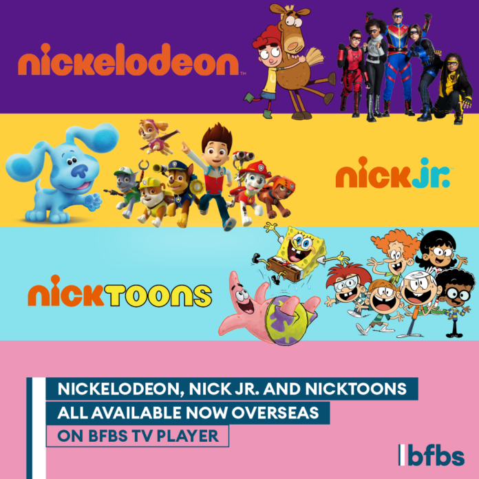 Promotional image for Nickelodeon, Nick Jr., and Nicktoons featuring popular cartoon characters, plus text about availability on BFBS TV Player overseas—perfect for Royal Navy families or those using the service during resettlement.