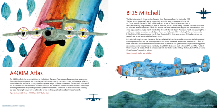 A watercolor illustration of a military A400M Atlas flying over a rainbow and teardrop shapes, and a B-25 Mitchell flying over waves, accompanied by descriptive text about each aircraft.