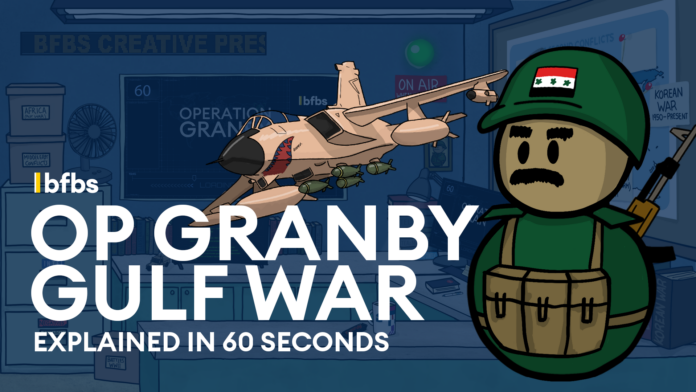 Cartoon soldier with Royal Navy Gulf War patch and a fighter jet overlaid on a studio background with text: 