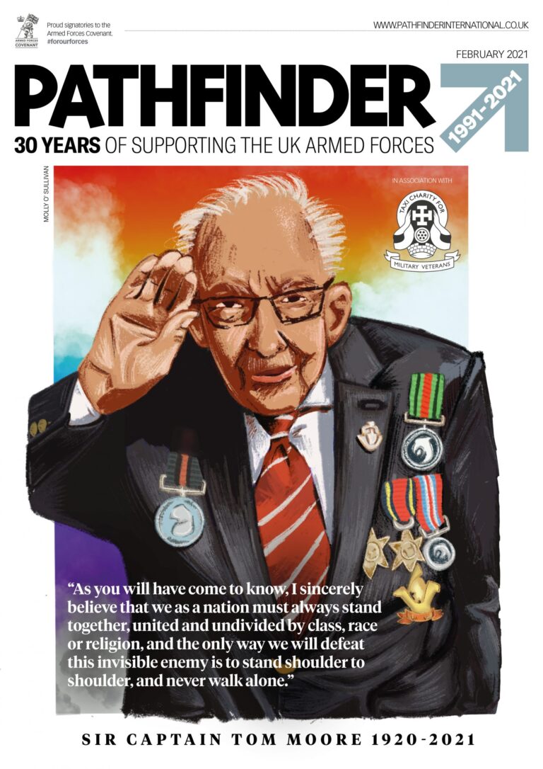 Illustrated portrait of Sir Captain Tom Moore, Royal Army pathfinder, in uniform with medals, saluting; text highlights his quote about unity and commemorates his life from 1920 to 2021.