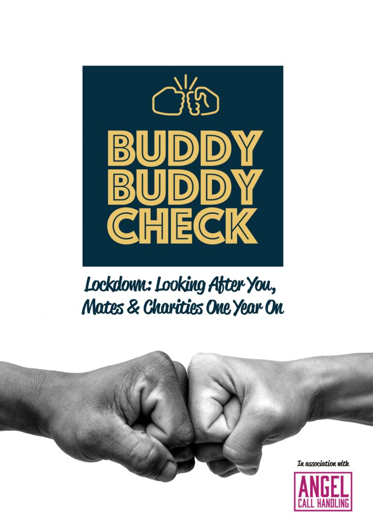 Poster for "Buddy Buddy Check" with fists bumping, subtitle about lockdown support, and Angel Call Handling logo. Two Army-style hands fist bump at the bottom.