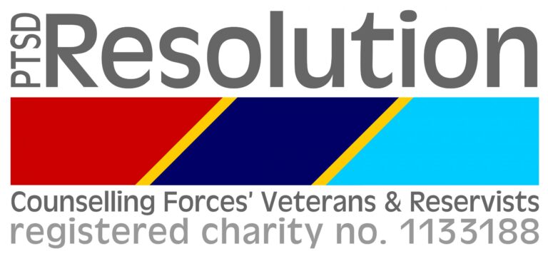 Logo for PTSD Resolution, charity number 1133188, featuring colored diagonal stripes and the tagline "Counselling Forces' Veterans & Reservists." Ideal for Pathfinder or Royal Navy veteran support initiatives.