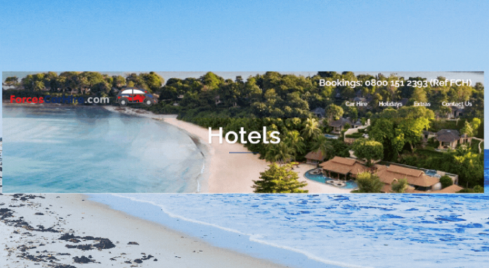 A website banner featuring a tropical beach, green trees, and luxury villas, with the word “Hotels” centered and contact details at the top right—perfect for a Pathfinder veteran seeking a luxurious escape.