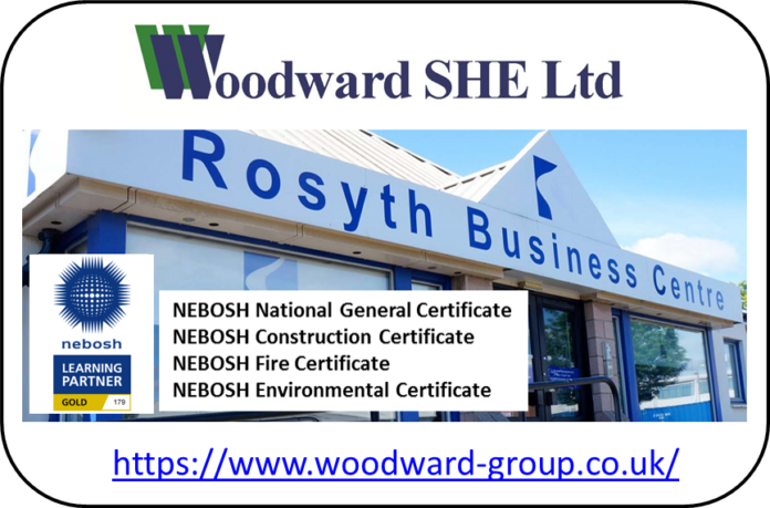 Woodward SHE Ltd logo above Rosyth Business Centre; text lists NEBOSH certificates and highlights support for Pathfinder, Military, and Veteran communities. Website: https://www.woodward-group.co.uk/.