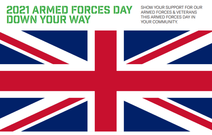 British flag with green text reading 