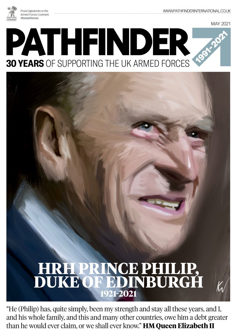 A magazine cover features a painted portrait of Prince Philip, Duke of Edinburgh, with text marking 30 years of Pathfinder and his military legacy, alongside his lifespan, 1921-2021.