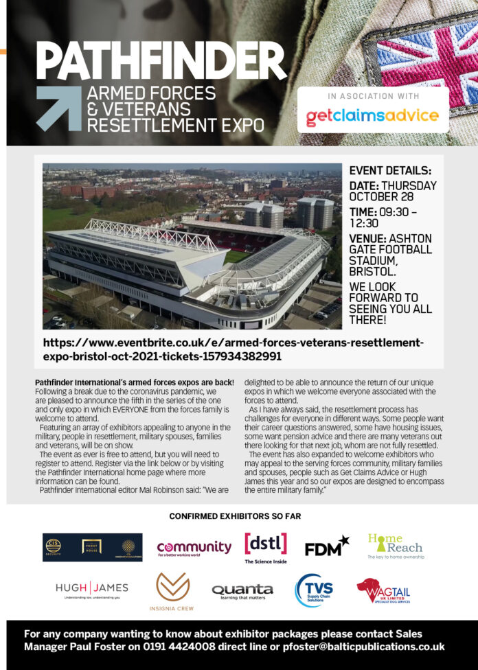 Flyer for the Pathfinder Armed Forces & Military Veterans Resettlement Expo on October 28 at Ashton Gate Stadium, Bristol, featuring event details, sponsors, and registration information.