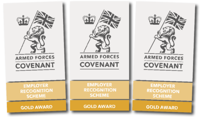 Three gold award badges from the Armed Forces Covenant Employer Recognition Scheme, each featuring a lion holding a flag and a crown, highlight commitment to supporting Veteran employees in organizations like the Royal Navy.