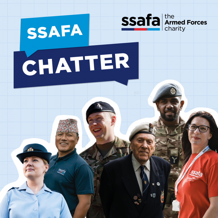 A group of five people in various military uniforms—including the Royal Navy—and an orange SSAFA volunteer shirt stand together under the SSAFA Chatter banner and logo, highlighting resettlement support.