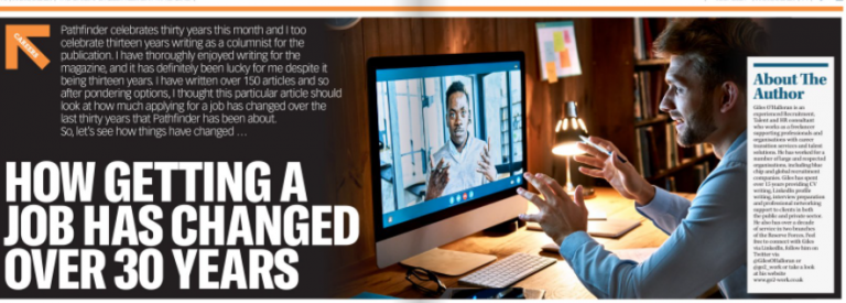 A person participates in a video call on a desktop computer, sitting at a desk with notes, a coffee cup, and a tablet. Text discusses how Army resettlement has transformed job-seeking over the past 30 years.