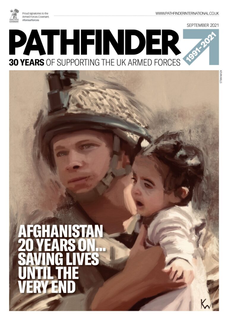 A British Army soldier in uniform carries a young child; magazine cover text discusses 30 years of UK Armed Forces support, military operations, and resettlement efforts in Afghanistan.