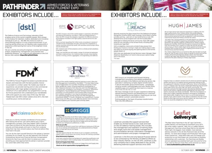 A magazine spread lists and describes various exhibitors for an Army and veteran resettlement expo, including company logos and brief overviews of each organization.