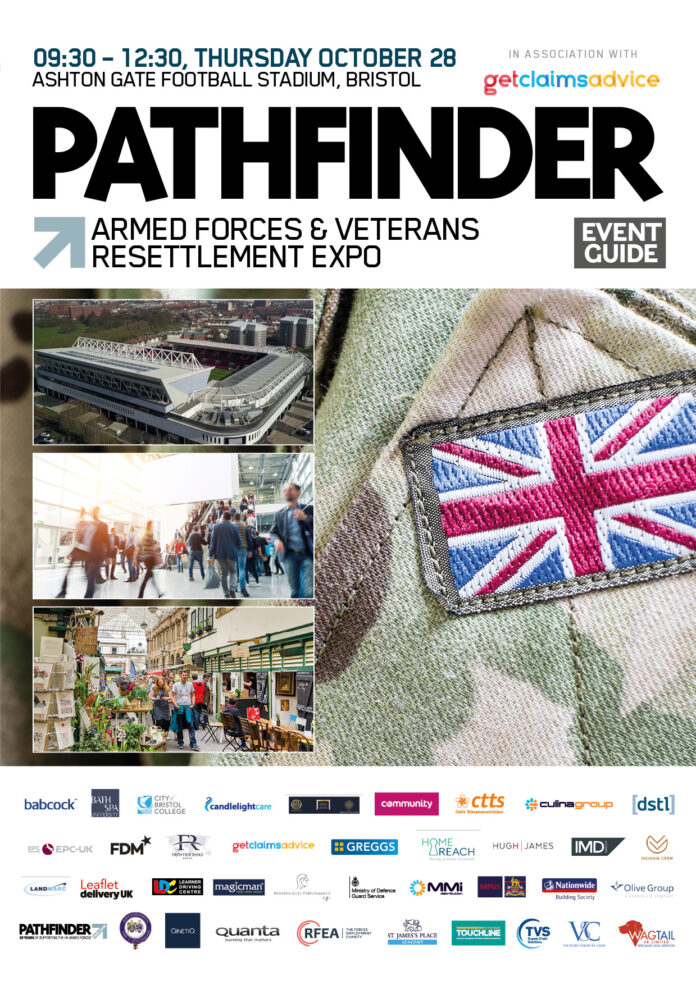 Event poster for the Pathfinder Armed Forces & Veterans Resettlement Expo, featuring event details, sponsor logos, and photos of a stadium, people, and a military uniform with a UK flag patch—highlighting careers in resettlement after the Royal Navy.