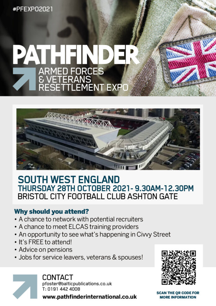 Event poster for the Pathfinder Armed Forces & Veterans Resettlement Expo 2021 at Bristol City Football Club Ashton Gate, featuring event details and reasons for Royal Navy and Army veterans to attend.